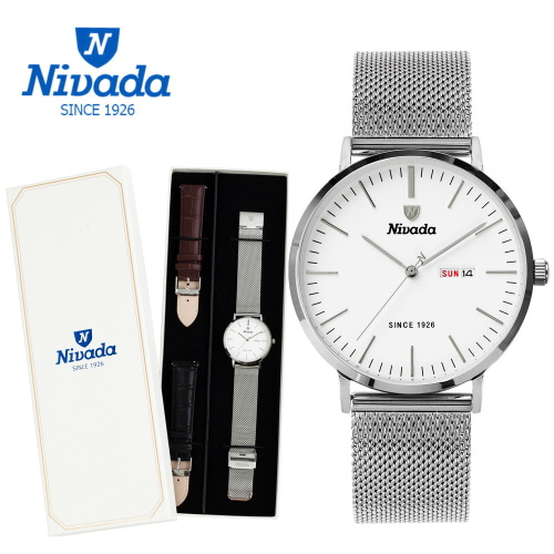 [니바다] 클래식 남성 캘린더 메탈워치 1016 (가죽밴드2개증정 3가지연출)