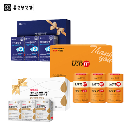 [종근당건강] NEW락토핏 코어 선물세트(리뉴얼)(3EA) +아이클리어 루테인 지아잔틴 선물세트(30캡슐*3EA) + 프로메가 알티지 오메가3 듀얼 선물세트(60캡슐*3EA)